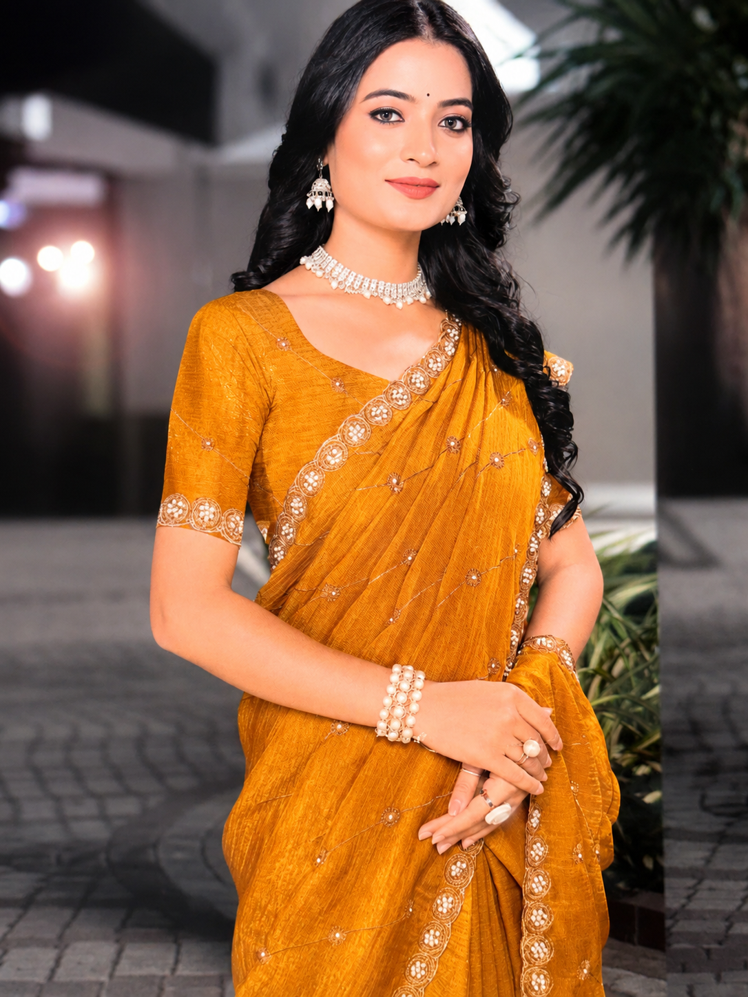 Premium Georgette Saree with Pearl Lace Border
