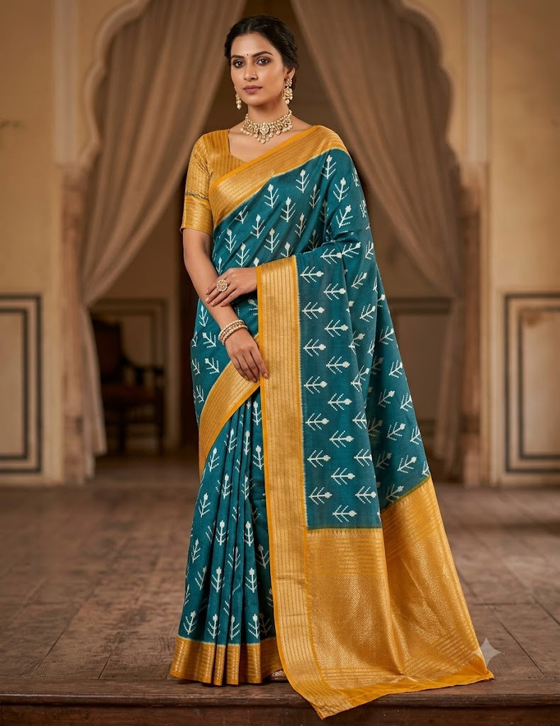 Dola Silk Saree with Contrast Zari Border & Pallu