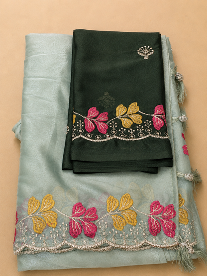 Floral Embroidered Organza Saree with Matching Blouse Piece