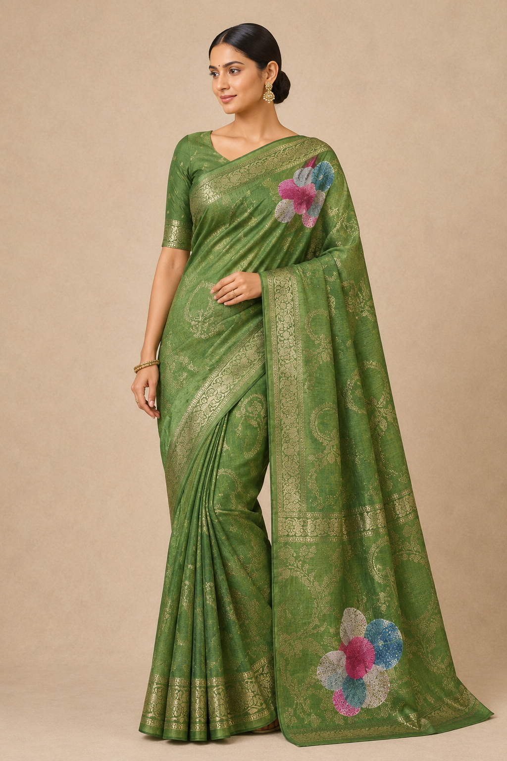 Banarasi Silk Blend Saree with Woven Zari Border & Floral Pallu