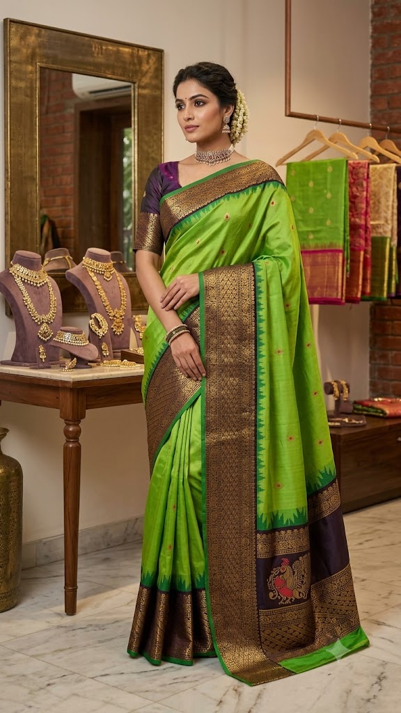 Traditional Handloom Silk Saree with Zari Woven Border and Elephant Motifs