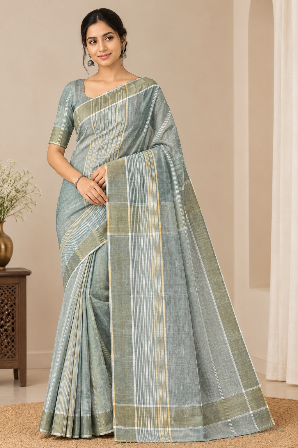 Pure Cotton Saree with Striped Border and Woven Design