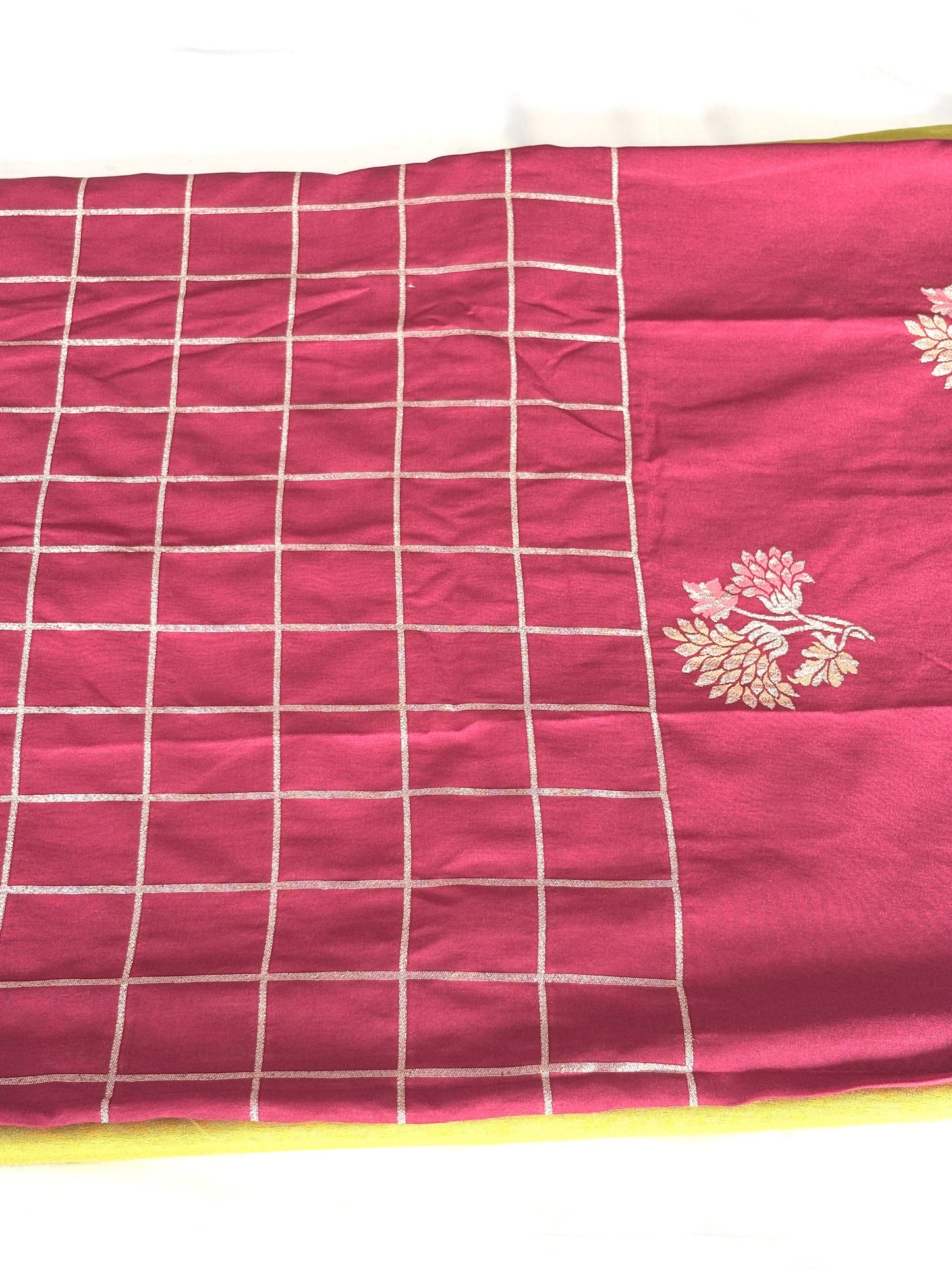 Pink Jamdani Silk Cotton Saree with Golden Zari Checks