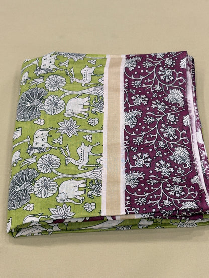 Chirala Cotton Green & Wine Kalamkari Inspired Printed Cotton Saree