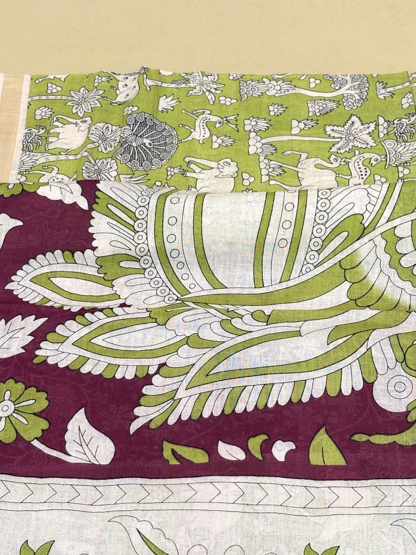 Chirala Cotton Green & Wine Kalamkari Inspired Printed Cotton Saree