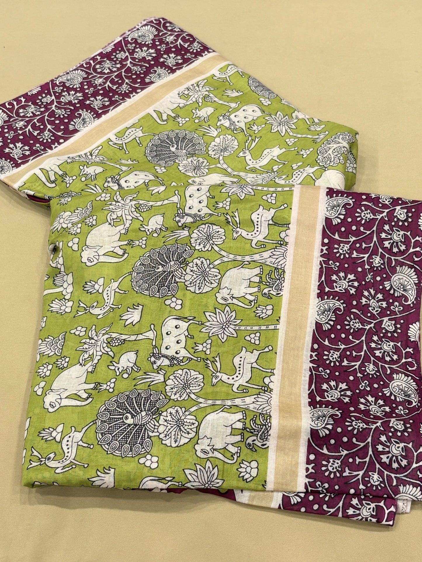 Chirala Cotton Green & Wine Kalamkari Inspired Printed Cotton Saree