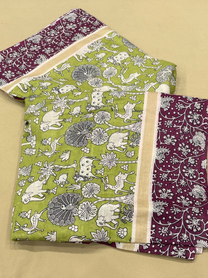 Chirala Cotton Green & Wine Kalamkari Inspired Printed Cotton Saree