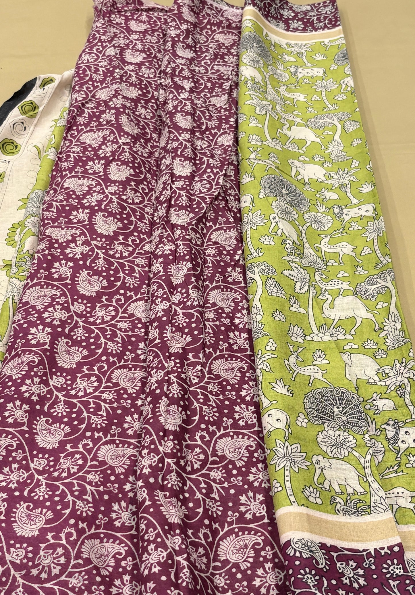 Chirala Cotton Green & Wine Kalamkari Inspired Printed Cotton Saree