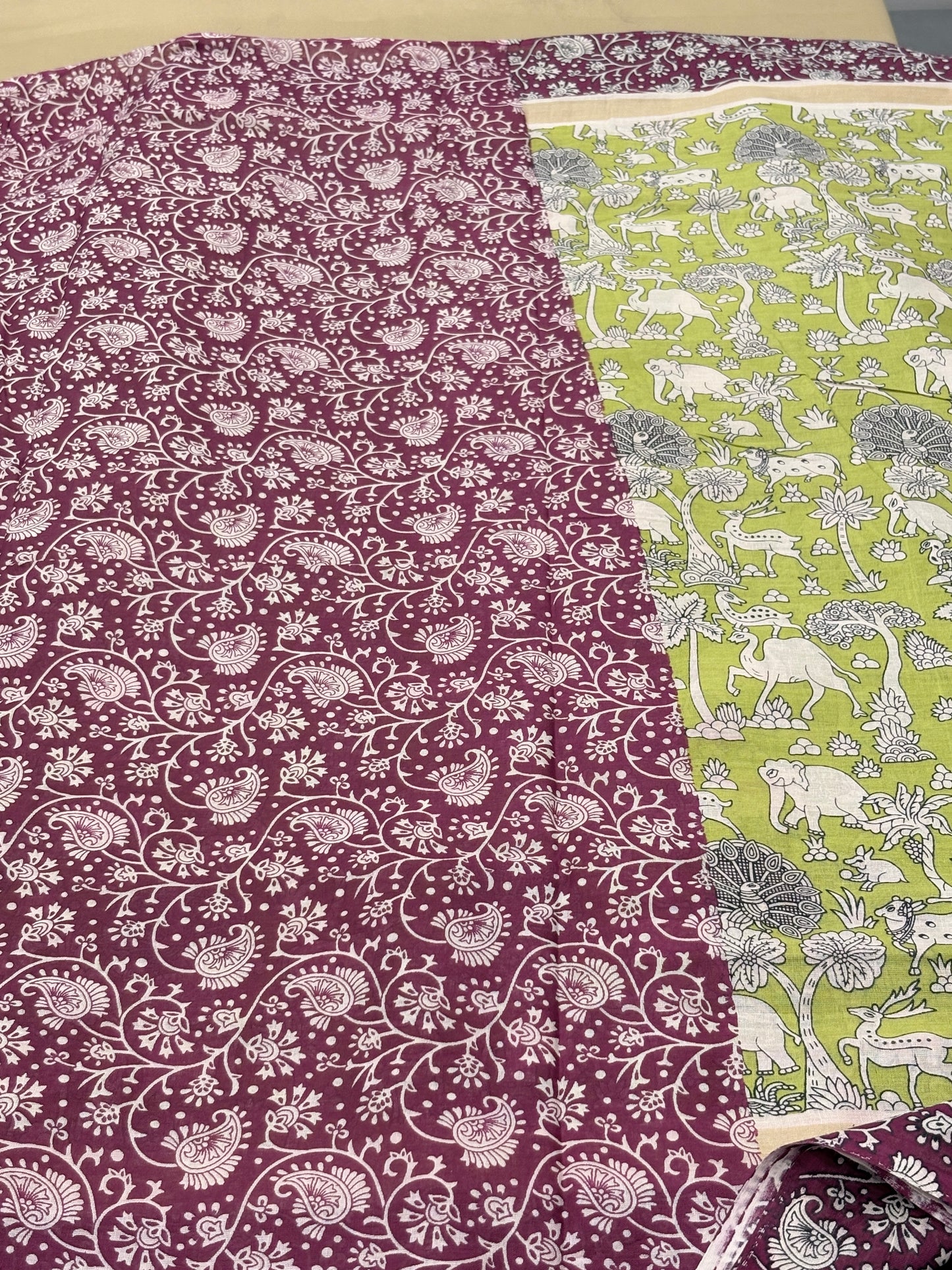 Chirala Cotton Green & Wine Kalamkari Inspired Printed Cotton Saree