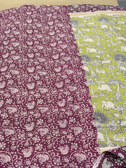 Chirala Cotton Green & Wine Kalamkari Inspired Printed Cotton Saree