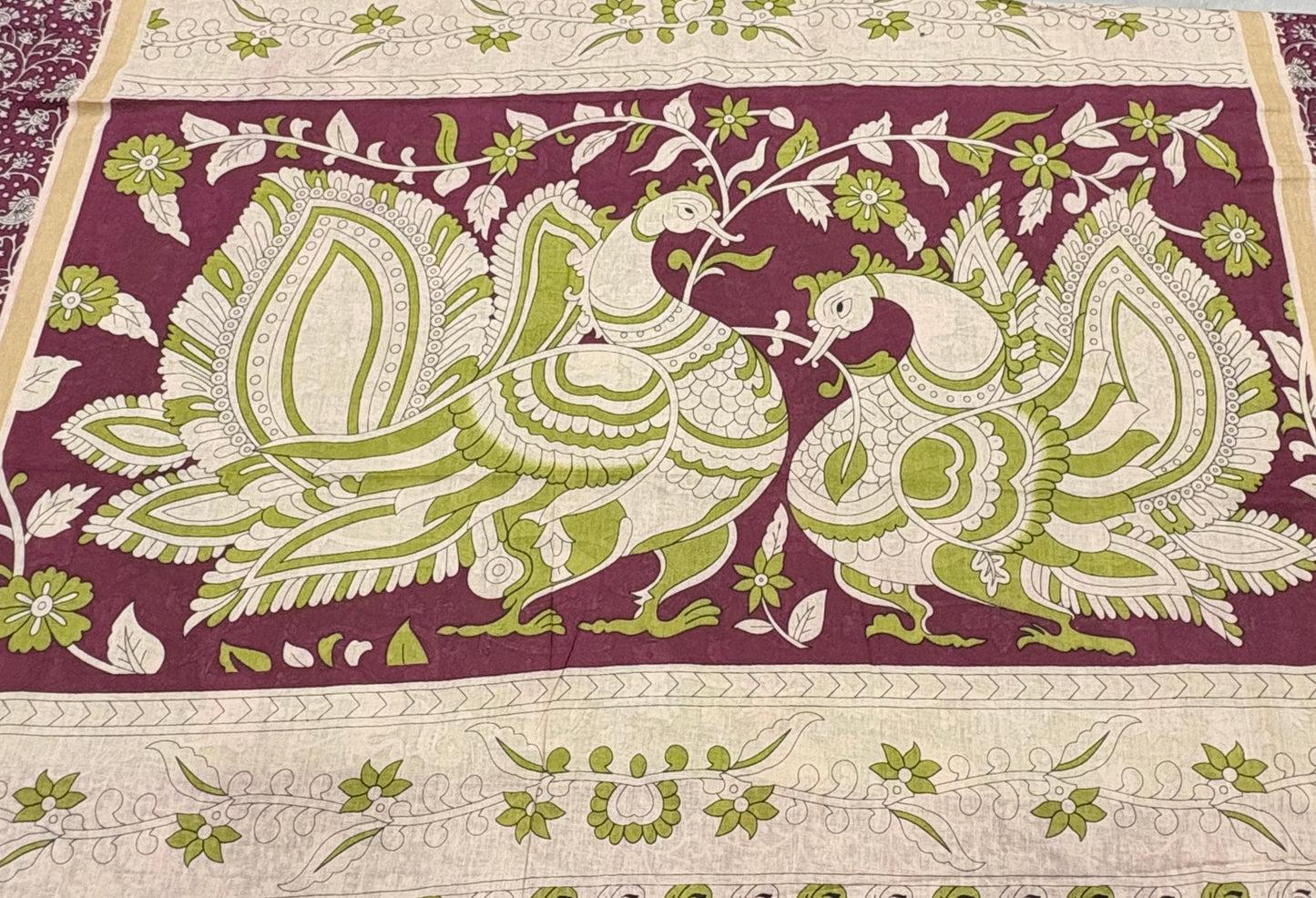 Chirala Cotton Green & Wine Kalamkari Inspired Printed Cotton Saree