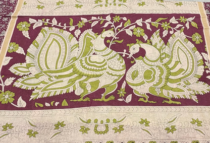 Chirala Cotton Green & Wine Kalamkari Inspired Printed Cotton Saree