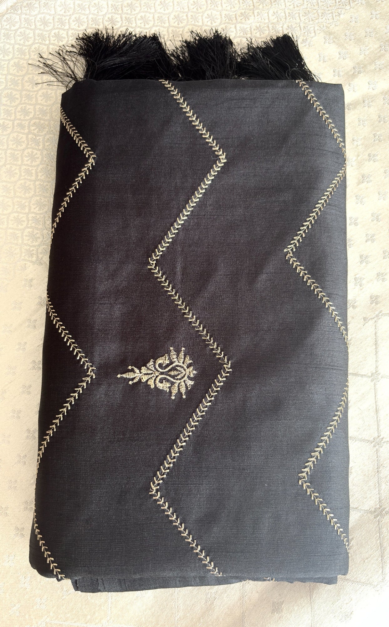 Elegant Cotton Silk-Blend Fabric with Gold Chevron Embroidery and Tassels