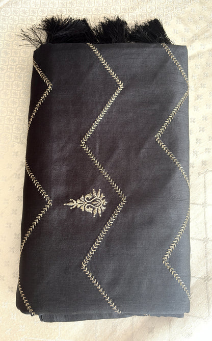 Elegant Cotton Silk-Blend Fabric with Gold Chevron Embroidery and Tassels