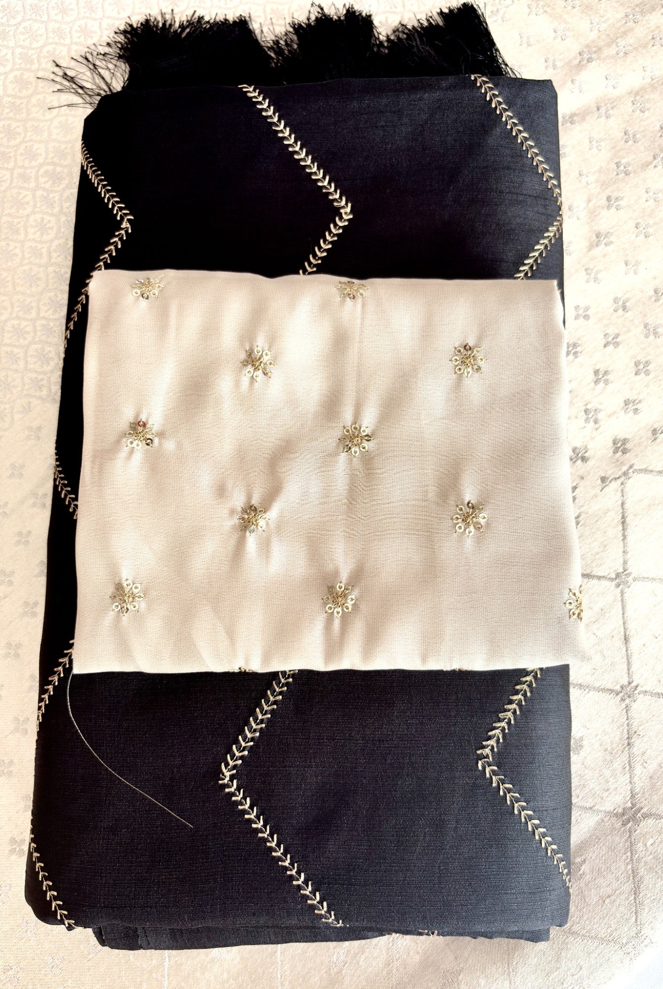 Elegant Cotton Silk-Blend Fabric with Gold Chevron Embroidery and Tassels