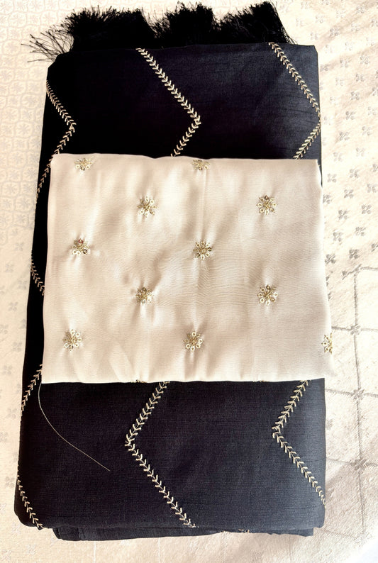 Elegant Cotton Silk-Blend Fabric with Gold Chevron Embroidery and Tassels