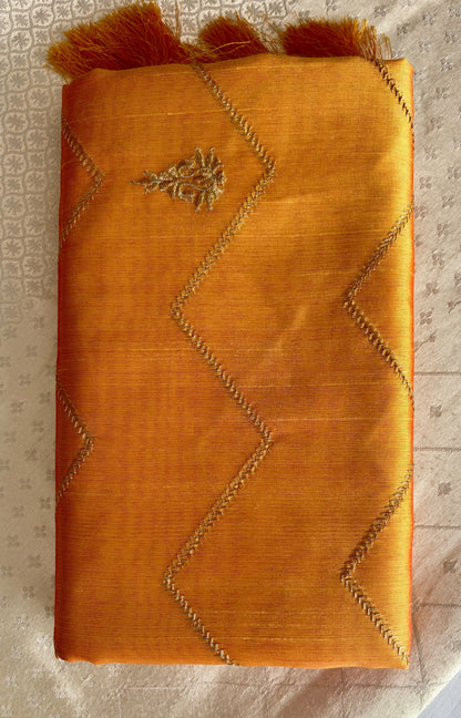 Elegant Cotton Silk-Blend Fabric with Gold Chevron Embroidery and Tassels