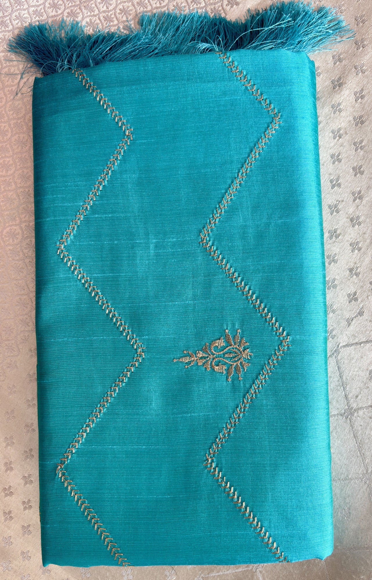 Elegant Cotton Silk-Blend Fabric with Gold Chevron Embroidery and Tassels