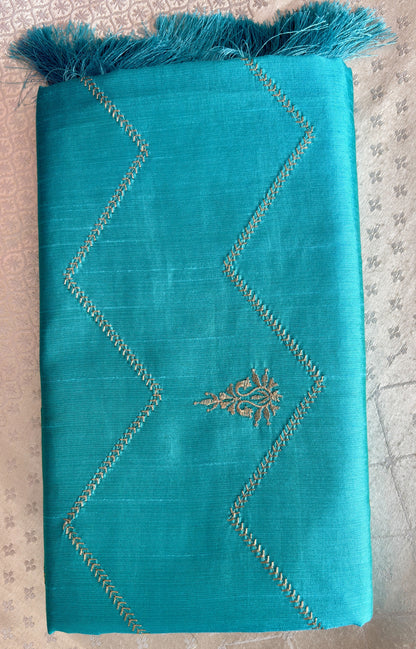 Elegant Cotton Silk-Blend Fabric with Gold Chevron Embroidery and Tassels