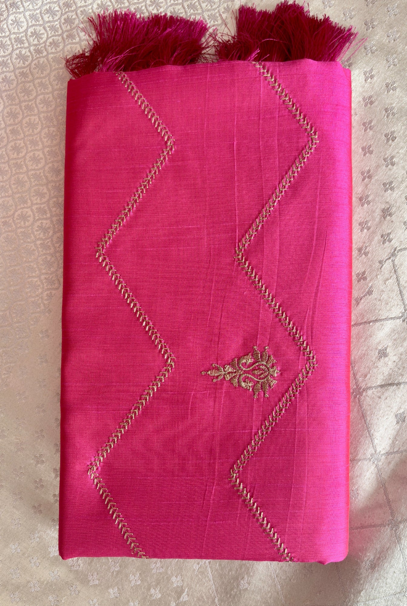 Elegant Cotton Silk-Blend Fabric with Gold Chevron Embroidery and Tassels