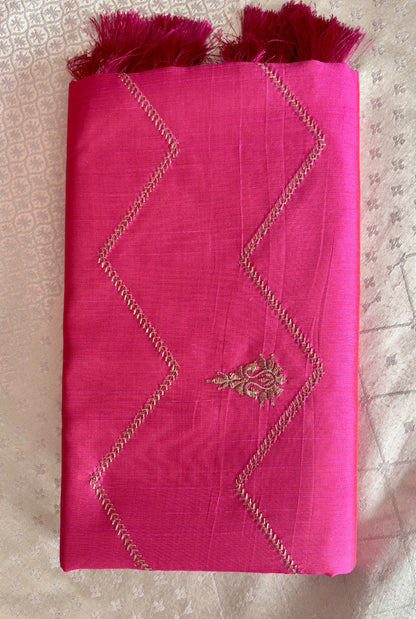 Elegant Cotton Silk-Blend Fabric with Gold Chevron Embroidery and Tassels