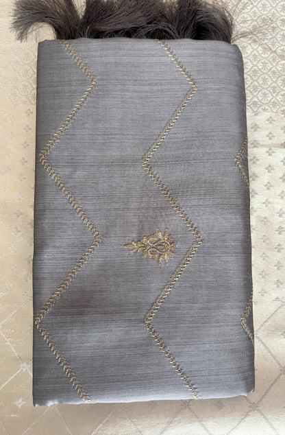 Elegant Cotton Silk-Blend Fabric with Gold Chevron Embroidery and Tassels
