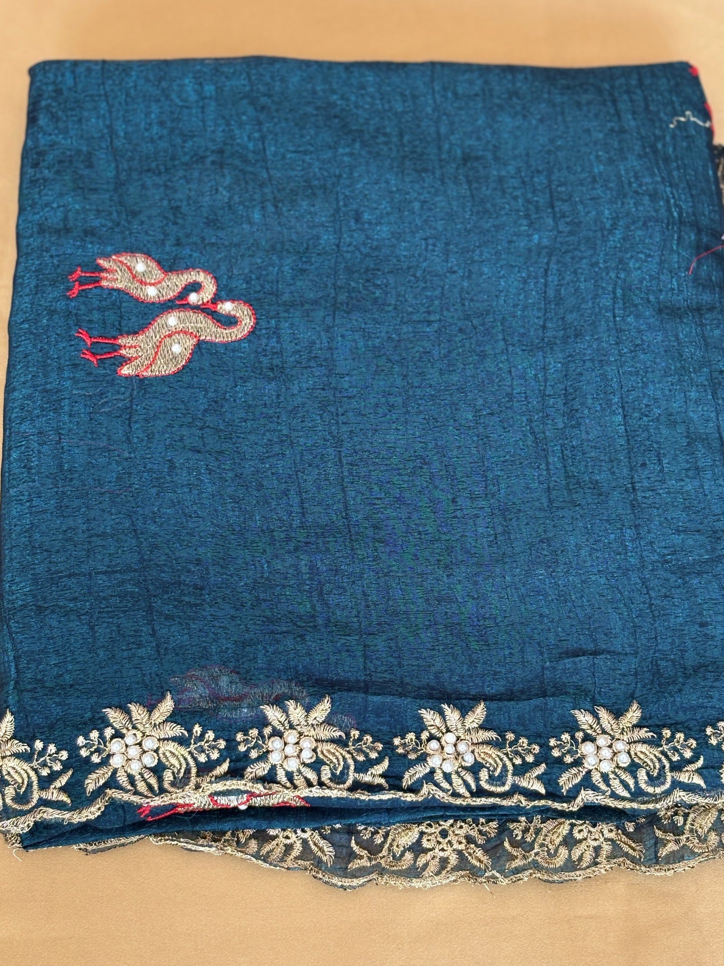 Pearl Work Bird Motifs Saree with Yellow Blouse Floral Border