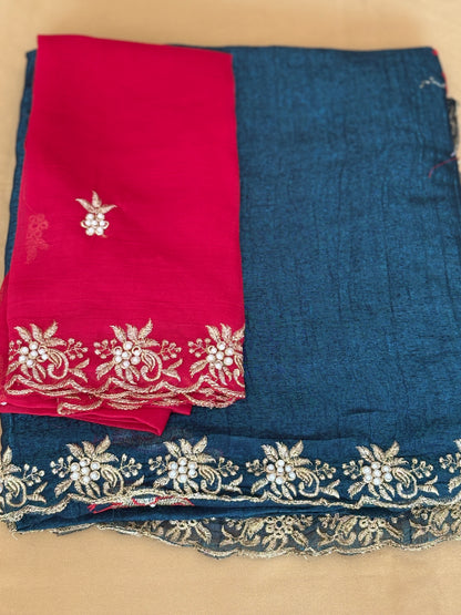 Pearl Work Bird Motifs Saree with Yellow Blouse Floral Border