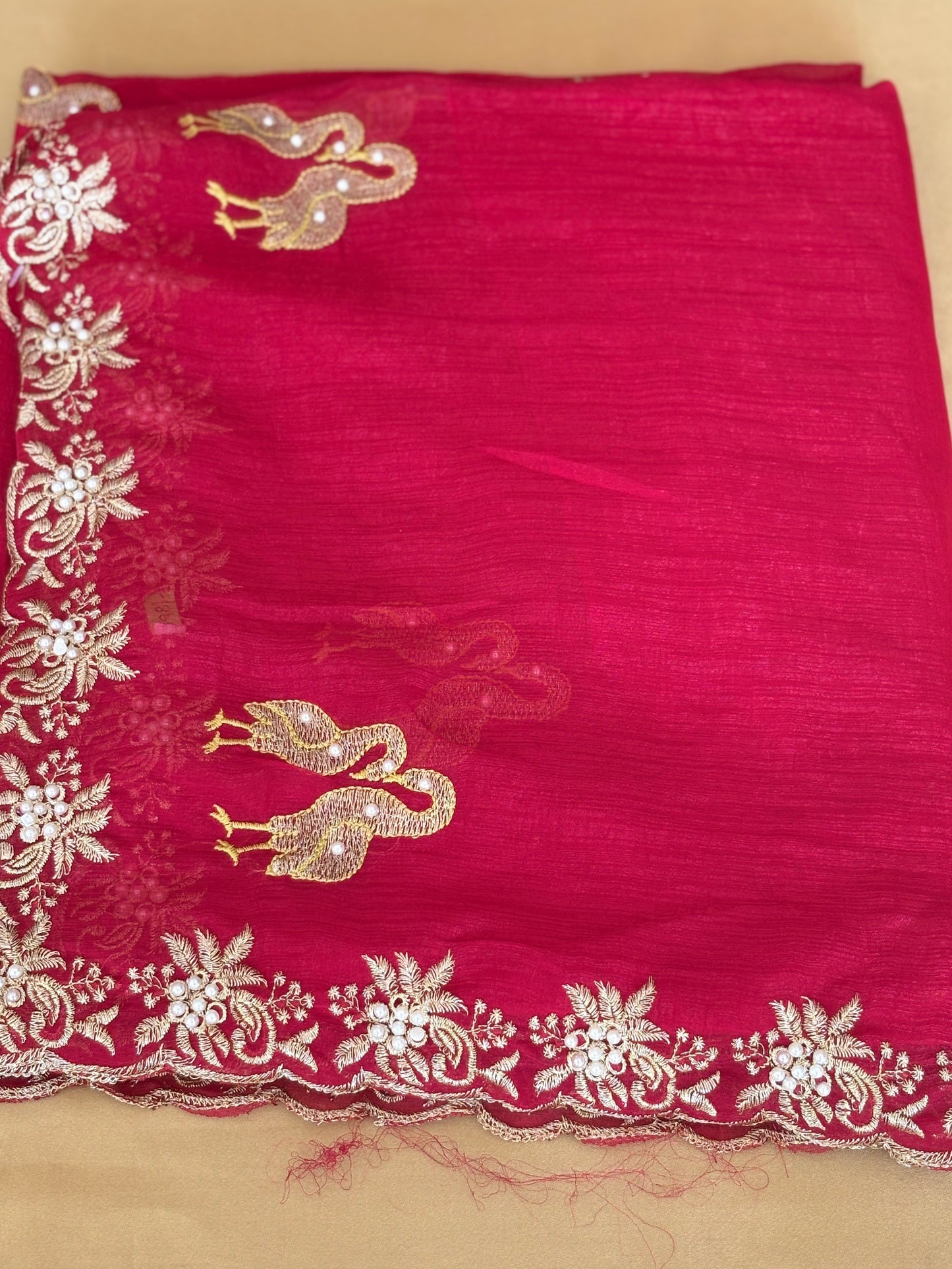 Pearl Work Bird Motifs Saree with Yellow Blouse Floral Border