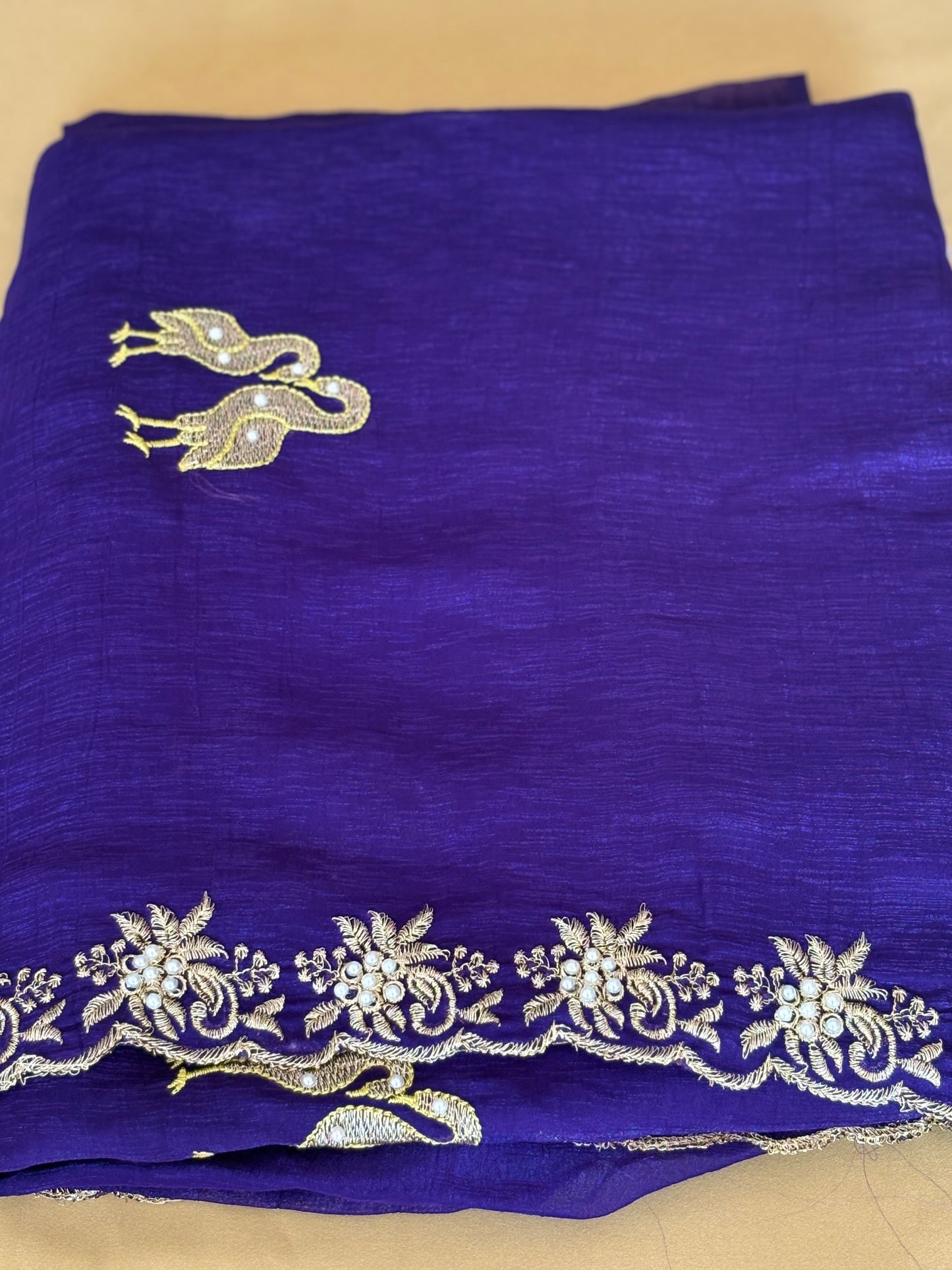 Pearl Work Bird Motifs Saree with Yellow Blouse Floral Border