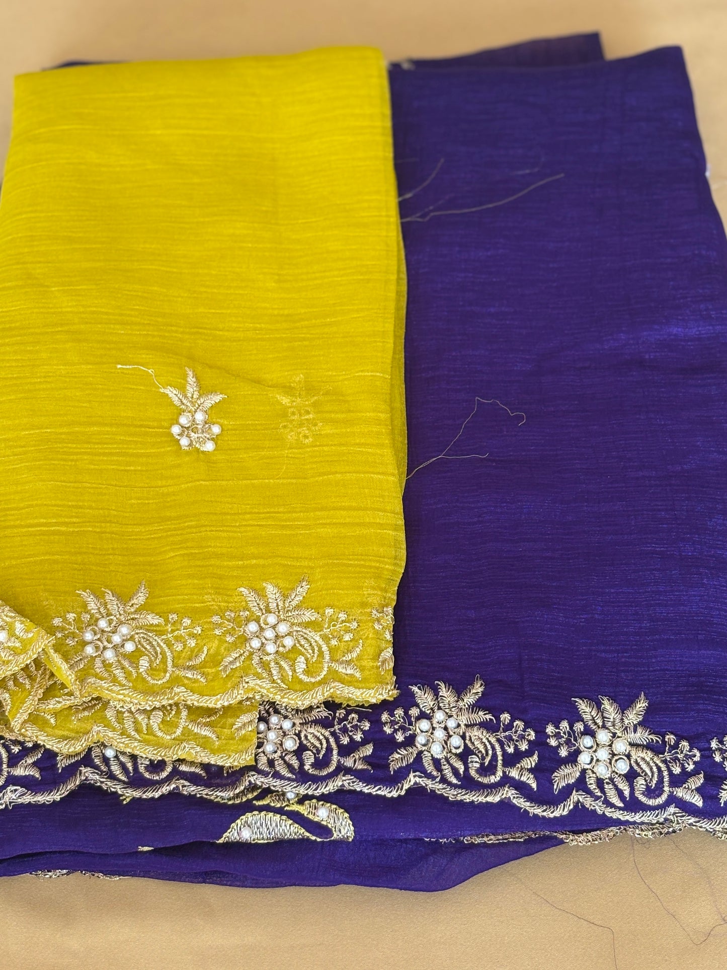 Pearl Work Bird Motifs Saree with Yellow Blouse Floral Border