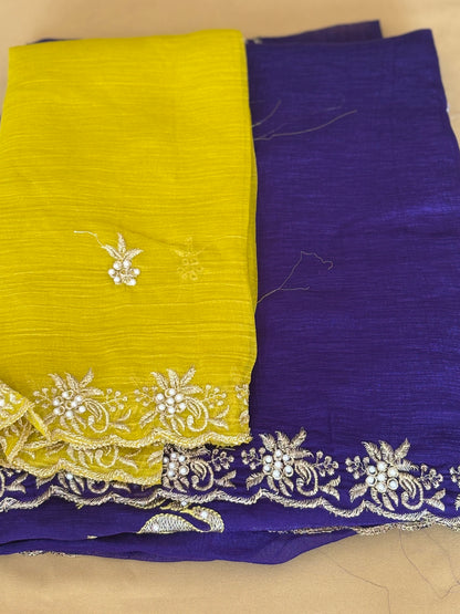 Pearl Work Bird Motifs Saree with Yellow Blouse Floral Border