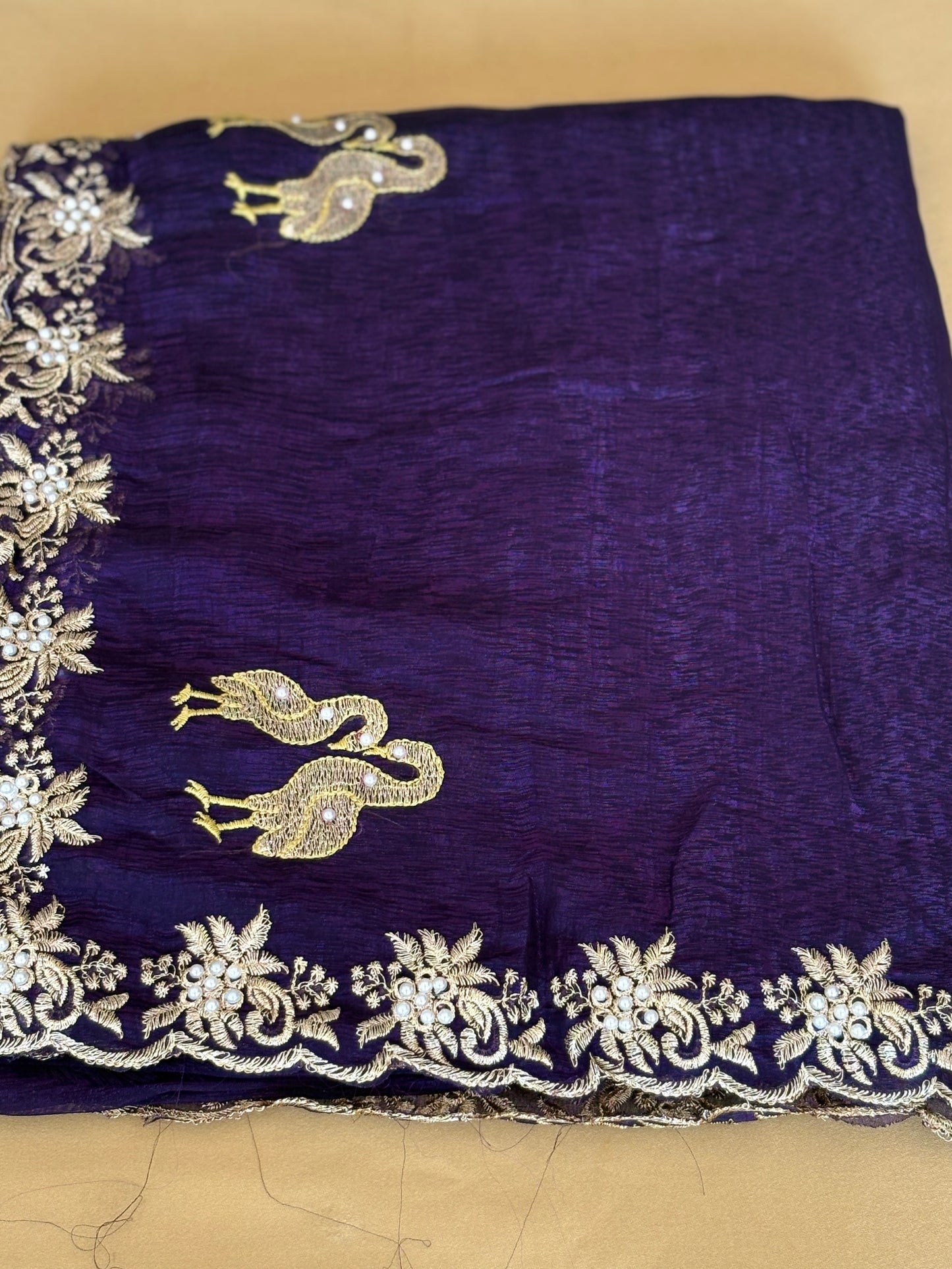 Pearl Work Bird Motifs Saree with Yellow Blouse Floral Border