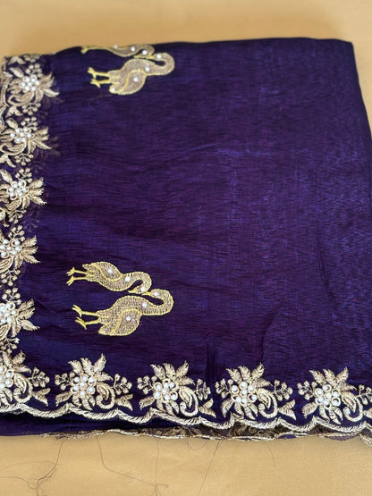 Pearl Work Bird Motifs Saree with Yellow Blouse Floral Border