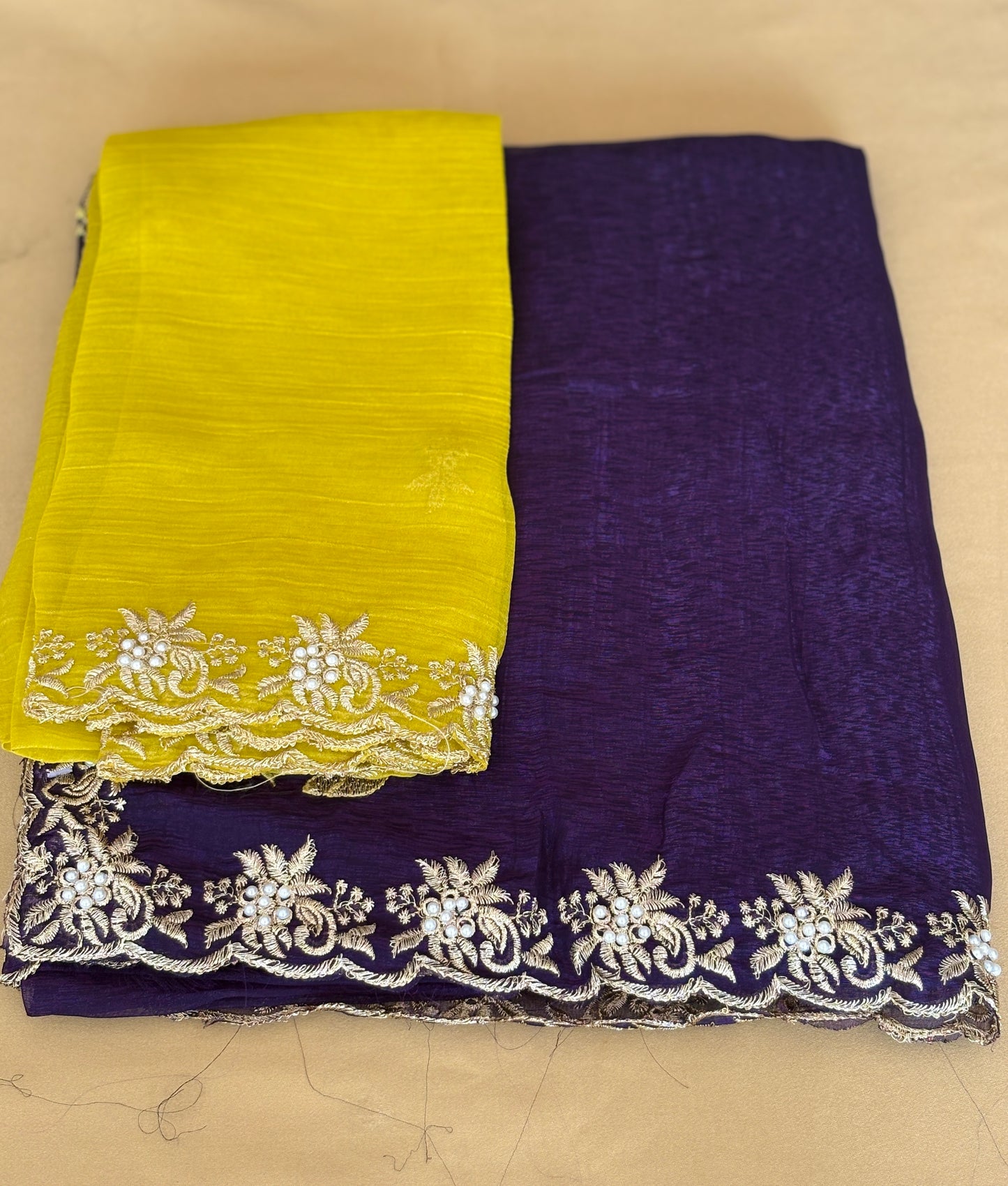 Pearl Work Bird Motifs Saree with Yellow Blouse Floral Border