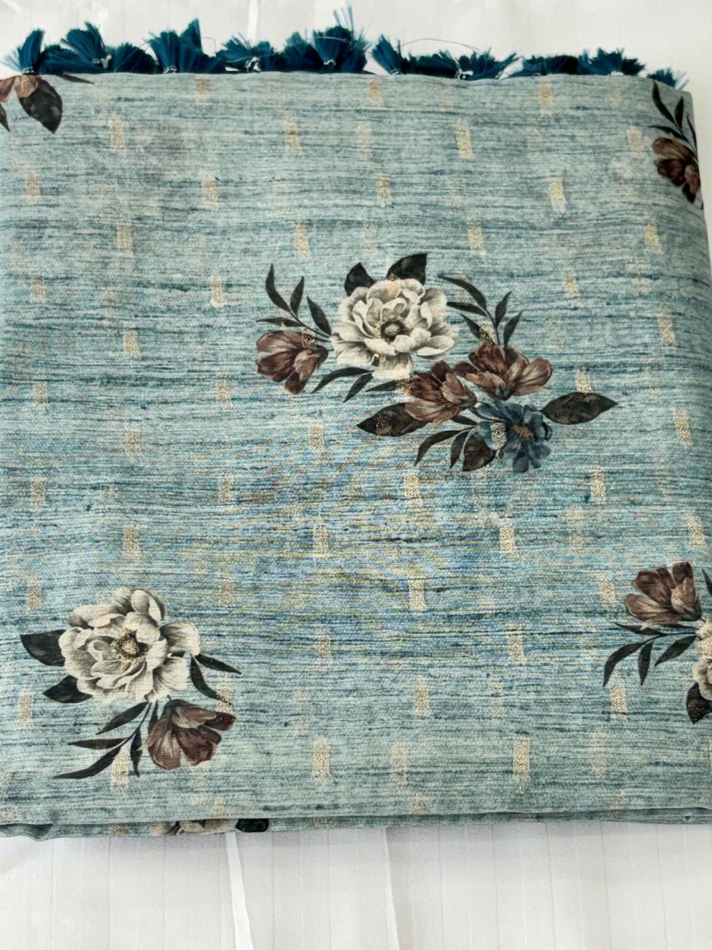 Elegant Floral Linen Saree with Designer Border & Tassels - Perfect for Any Occasion - Saree Fusion