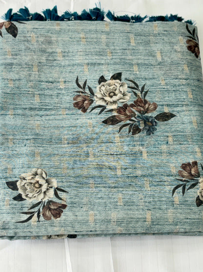 Premium Floral Linen Blend Saree with Designer Border & Tassels