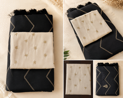 Elegant Cotton Silk-Blend Fabric with Gold Chevron Embroidery and Tassels