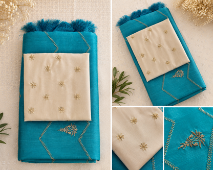 Elegant Cotton Silk-Blend Fabric with Gold Chevron Embroidery and Tassels