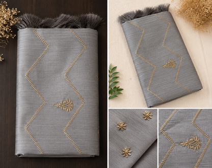 Elegant Cotton Silk-Blend Fabric with Gold Chevron Embroidery and Tassels