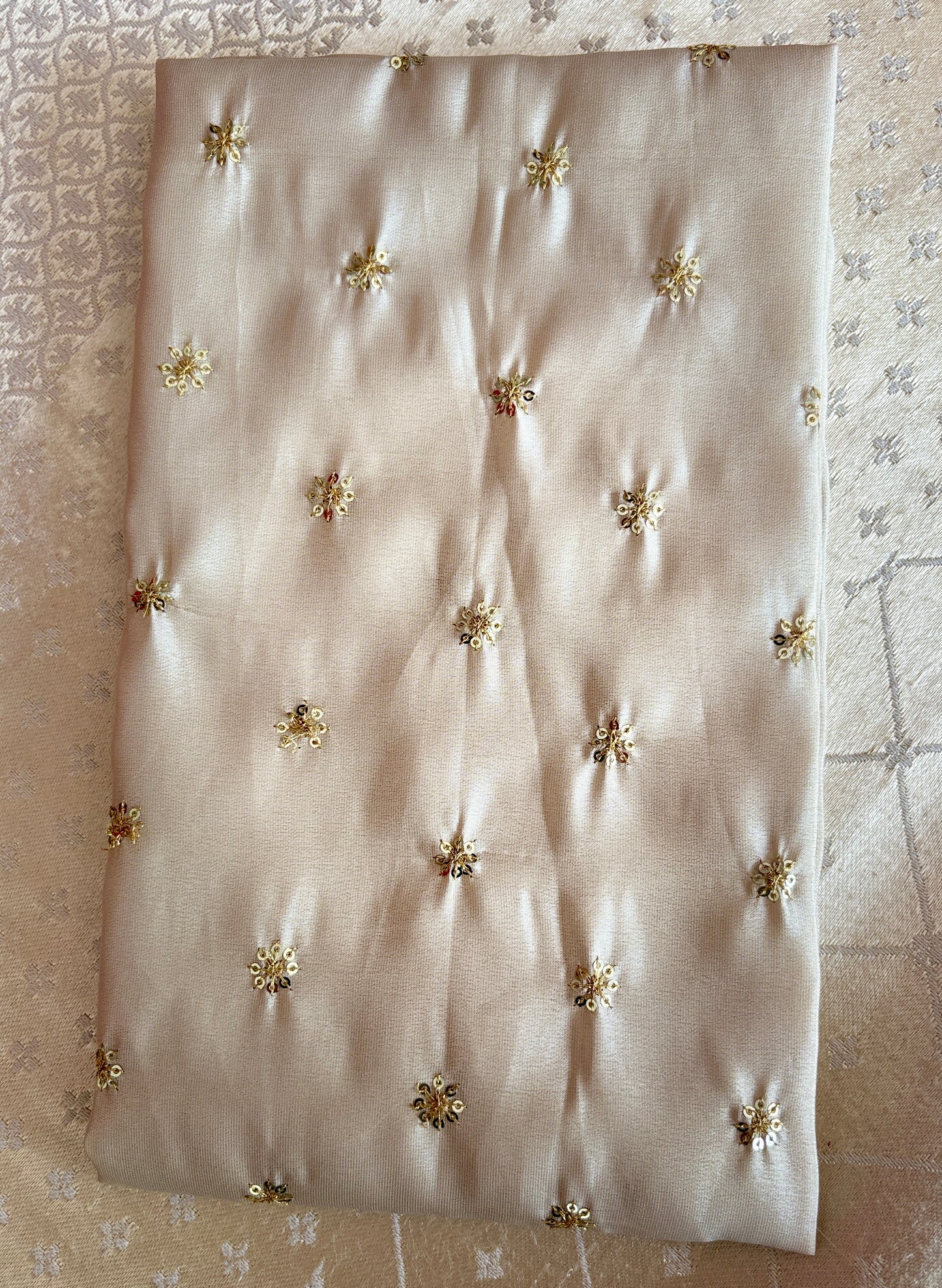 Elegant Cotton Silk-Blend Fabric with Gold Chevron Embroidery and Tassels