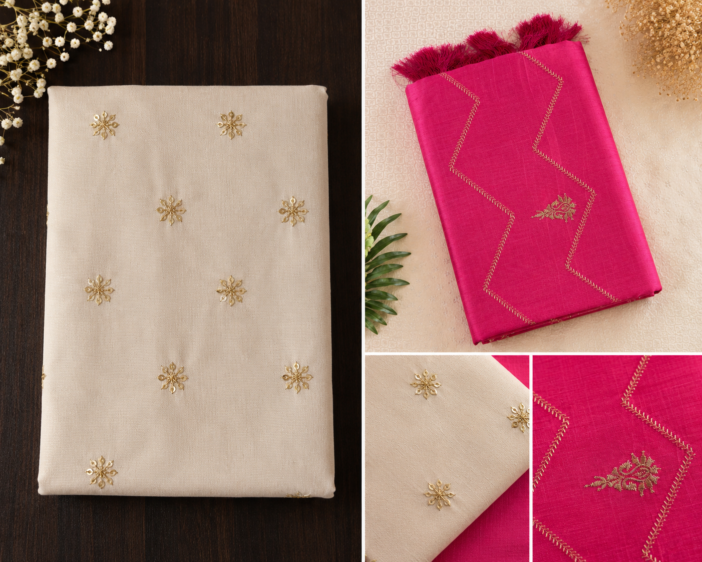Elegant Cotton Silk-Blend Fabric with Gold Chevron Embroidery and Tassels