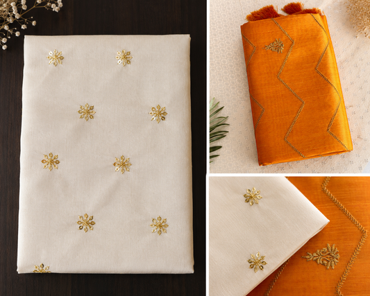Elegant Cotton Silk-Blend Fabric with Gold Chevron Embroidery and Tassels