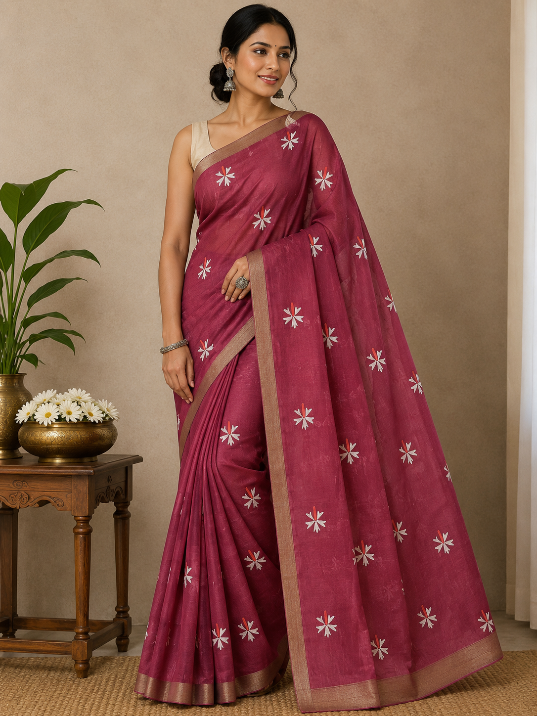 Linen Butti Saree with Contrast Border