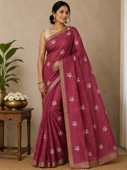 Linen Butti Saree with Contrast Border