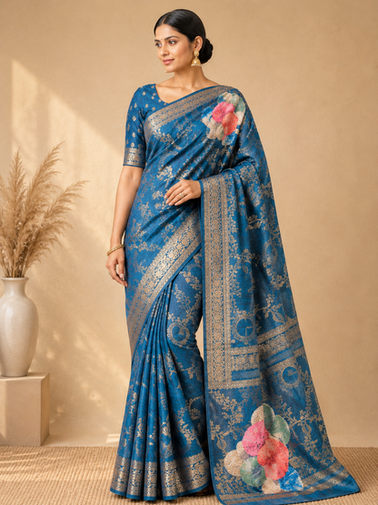 Banarasi Silk Blend Saree with Woven Zari Border & Floral Pallu