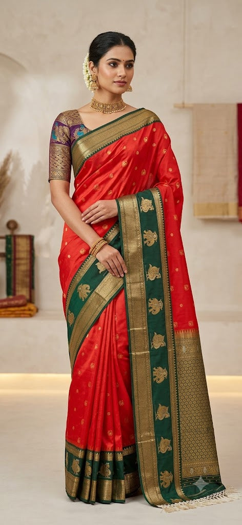 Traditional Handloom Silk Saree with Zari Woven Border and Elephant Motifs