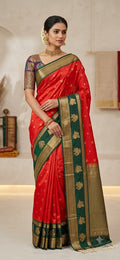 Traditional Handloom Silk Saree with Zari Woven Border and Elephant Motifs