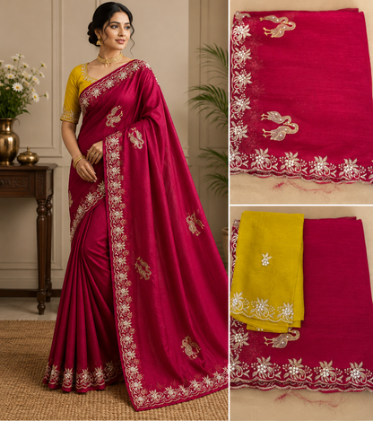 Pearl Work Bird Motifs Saree with Yellow Blouse Floral Border