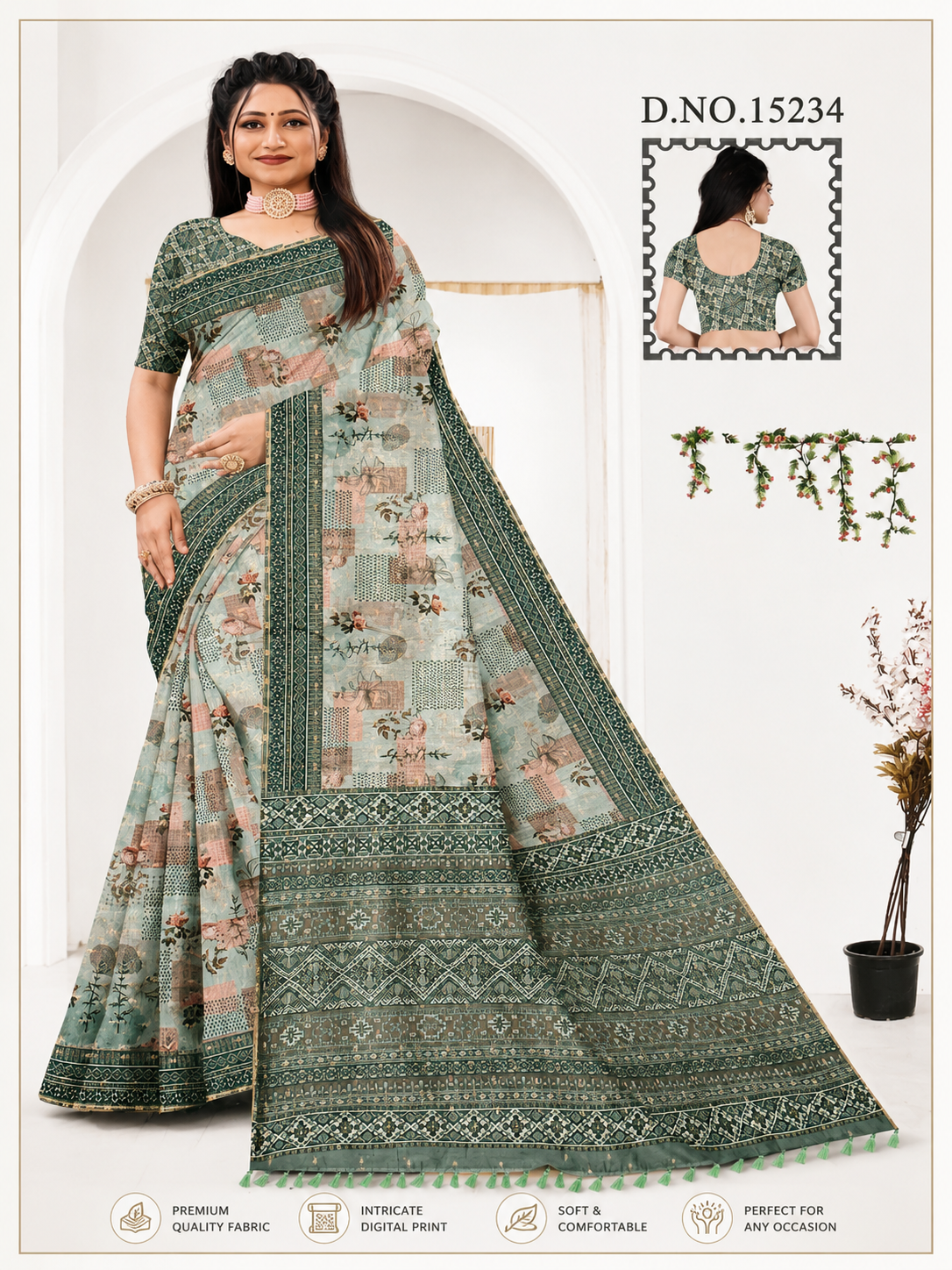 Premium Floral Linen Blend Saree with Designer Border & Tassels